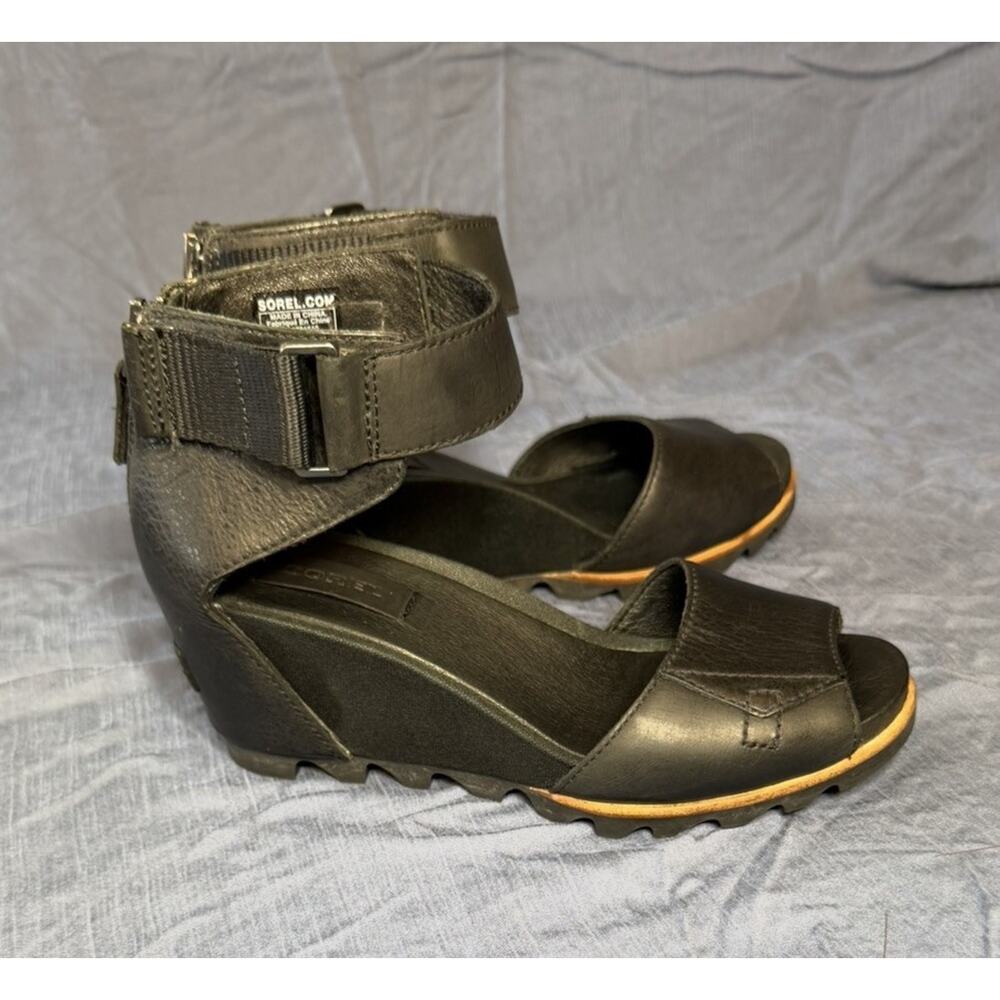 Sorel Joanie Wedge Sandals Size 7.5 Black Leather Open Toe - Picture 2 of 7